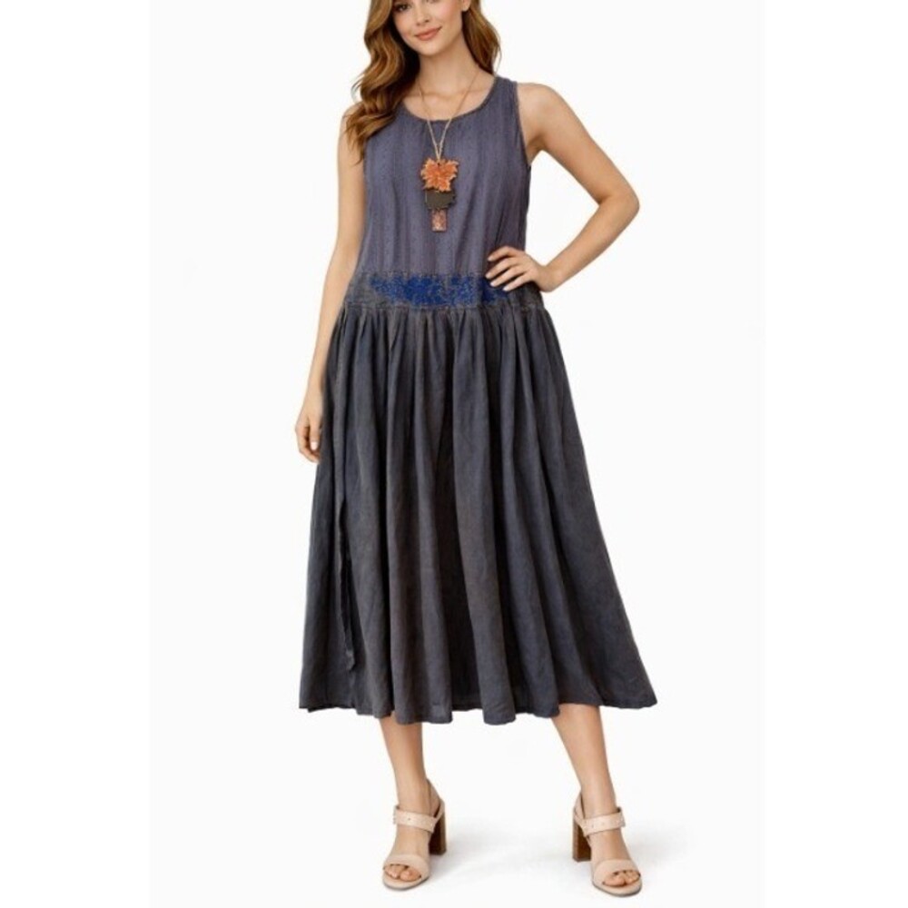 Artka Crazy In Life Women's Blue Embroidered Boho Sleeveless Midi Dress Size L